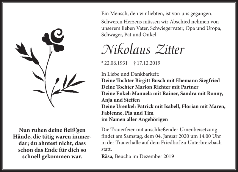  Traueranzeige für Nikolaus Zitter vom 31.12.2019 aus Südthüringer Presse