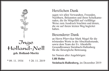 Traueranzeige von Inge Holland-Nell von Südthüringer Presse
