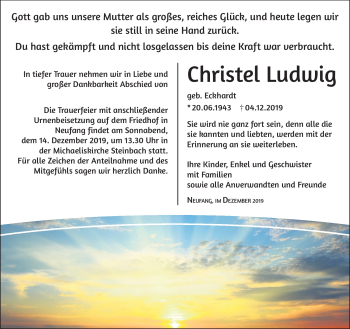 Traueranzeige von Christel Ludwig von Südthüringer Presse