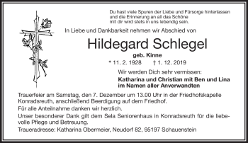 Traueranzeige von Hildegard Schlegel von Frankenpost