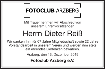Traueranzeige von Dieter Reiß von Frankenpost