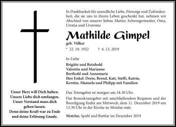 Traueranzeige von Mathilde Gimpel von Südthüringer Presse