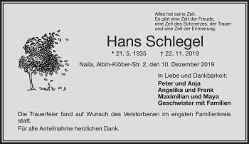 Traueranzeige von Hans Schlegel von Frankenpost