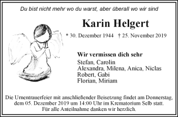 Traueranzeige von Karin Helgert von Frankenpost