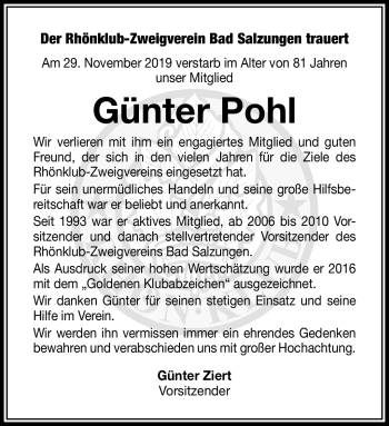 Traueranzeige von Günter Pohl von Südthüringer Presse
