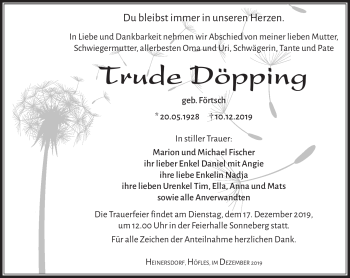 Traueranzeige von Trude Döpping von Südthüringer Presse