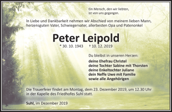 Traueranzeige von Peter Leipold von Südthüringer Presse