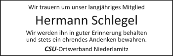 Traueranzeige von Hermann Schlegel von Frankenpost
