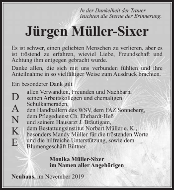 Traueranzeige von Jürgen Müller-Sixer von Südthüringer Presse