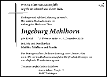 Traueranzeige von Ingeburg Mehlhorn von Südthüringer Presse