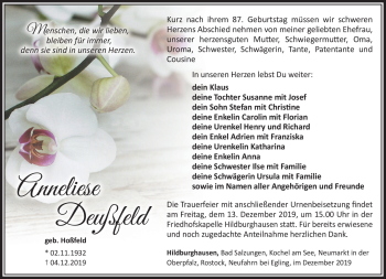 Traueranzeige von Anneliese Deußfeld von Südthüringer Presse
