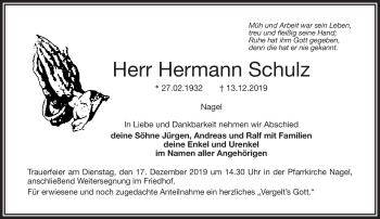 Traueranzeige von Hermann Schulz von Frankenpost
