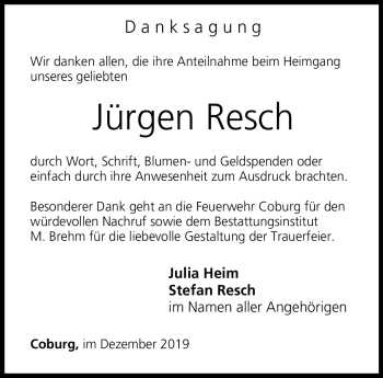 Traueranzeige von Jürgen Resch von Neue Presse Coburg