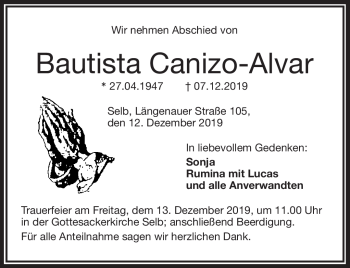 Traueranzeige von Bautista Canizo-Alvar von Frankenpost