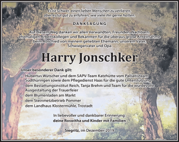 Traueranzeige von Harry Jonschker von Südthüringer Presse
