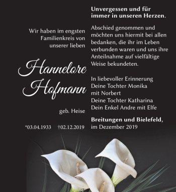 Traueranzeige von Hannelore Hofmann von Südthüringer Presse