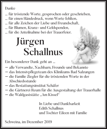 Traueranzeige von Jürgen Schallnus von Südthüringer Presse