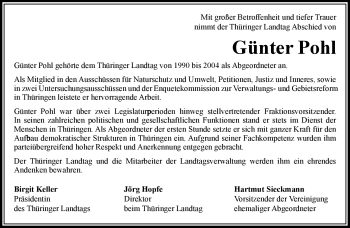 Traueranzeige von Günter Pohl von Südthüringer Presse