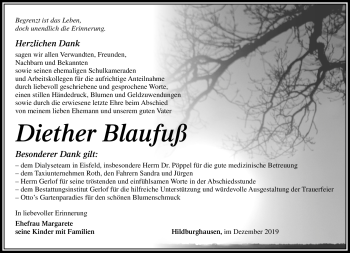 Traueranzeige von Diether Blaufuß von Südthüringer Presse