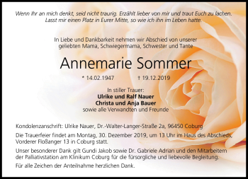 Traueranzeige von Annemarie Sommer von Neue Presse Coburg