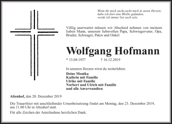 Traueranzeige von Wolfgang Hofmann von Neue Presse Coburg