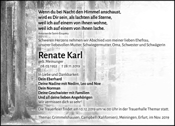 Traueranzeige von Renate Karl von Südthüringer Presse