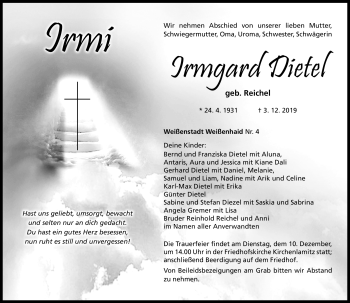 Traueranzeige von Irmgard Dietel von Frankenpost