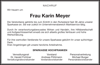 Traueranzeige von Karin Meyer von Frankenpost