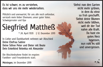Traueranzeige von Siegfried Mattheß von Südthüringer Presse