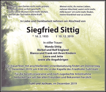 Traueranzeige von Siegfried Sittig von Südthüringer Presse