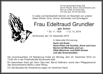 Traueranzeige von Edeltraud Grundler von Frankenpost