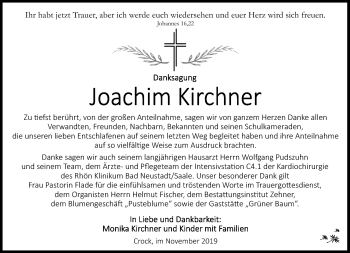Traueranzeige von Joachim Kirchner von Südthüringer Presse