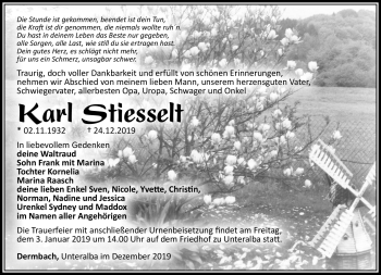 Traueranzeige von Karl Stiesselt von Südthüringer Presse