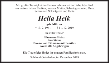 Traueranzeige von Hella Helk von Südthüringer Presse