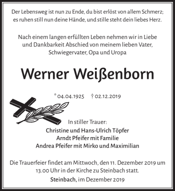 Traueranzeige von Werner Weißenborn von Südthüringer Presse