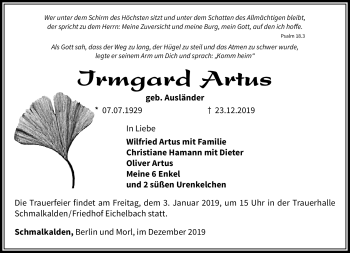 Traueranzeige von Irmgard Artus von Südthüringer Presse