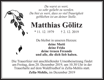 Traueranzeige von Matthias Gölitz von Südthüringer Presse