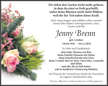Traueranzeige von Jenny Brenn von Südthüringer Presse