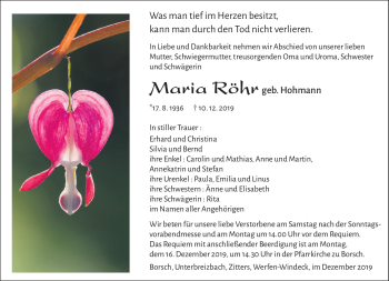Traueranzeige von Maria Röhr von Südthüringer Presse