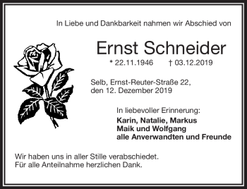 Traueranzeige von Ernst Schneider von Frankenpost