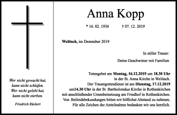 Traueranzeige von Anna Kopp von Neue Presse Coburg