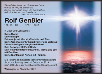 Traueranzeige von Rolf Genßler von Südthüringer Presse