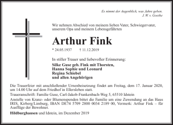 Traueranzeige von Arthur Fink von Südthüringer Presse