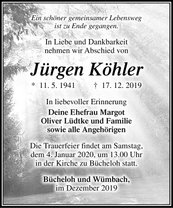 Traueranzeige von Jürgen Köhler von Südthüringer Presse