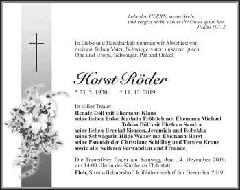 Traueranzeige von Horst Röder von Südthüringer Presse