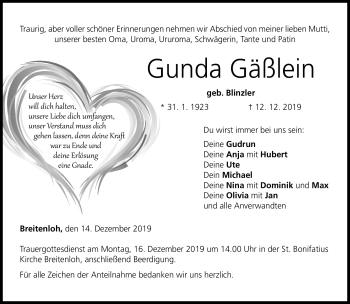 Traueranzeige von Gunda Gäßlein von Neue Presse Coburg