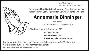 Traueranzeige von Annemarie Binninger von Frankenpost
