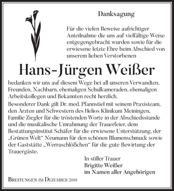 Traueranzeige von Hans-Jürgen Weißer von Südthüringer Presse