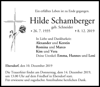 Traueranzeige von Hilde Schamberger von Neue Presse Coburg