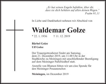 Traueranzeige von Waldemar Golze von Südthüringer Presse